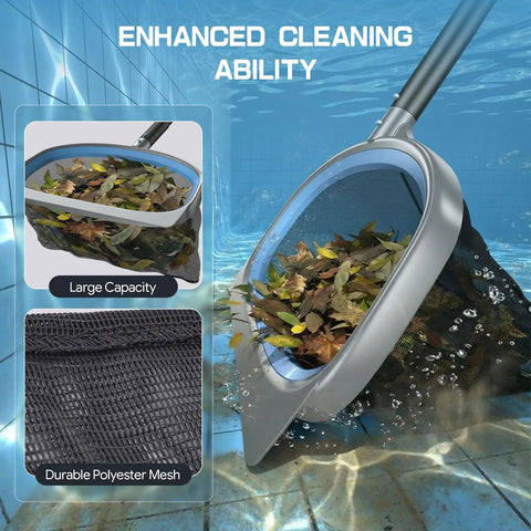 Heavy duty deep leaf skimmer net in action from 4 in 1 Deluxe Pool Cleaning Kit with extendable aluminum pole demonstrates large capacity.
