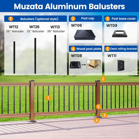 100 Pack 26-Inch By 3-Quarter-Inch Aluminum Deck Balusters Square Black Hollow Spindles With Screws For Railing Fencing Porch WT12 Ideal For Outdoor And Indoor Use Weatherproof Heavy-Duty Aluminum Build Easy To Install displayed with components
