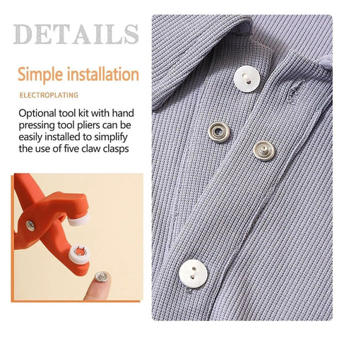 No-Fuss Five Claw Snap Button Kit With One Hundred Multicolor Metal Snaps And Rock Solid Setup Plier close-up on installation tools and metal snaps.