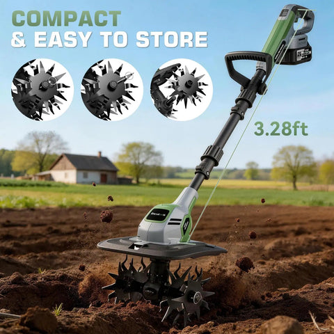Powerful Cordless Garden Tiller Cultivator With 20V Battery No Gas 360RPM Electric Rototiller in use on a field