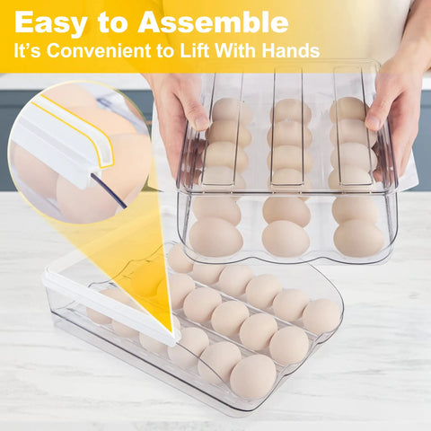 Two Layer Stackable Egg Organizer For Refrigerator Holds 36 Eggs In Clear Plastic Trays With Auto Roll Sloped Design