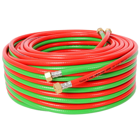 Heavy-Duty 1/4 Inch by 100 Foot Twin Welding Torch Hose for Acetylene and Oxygen with 9/16-18 BF Fittings coiled, red and green