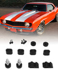 Upgrade Your 1967-1969 Camaro With This Durable Bumper Kit Featuring Heavy Duty Metal And Rubber Plugs. A Perfect Stopper Solution For Both Coupe And Convertible Models To Keep Your Ride Looking Sharp Without Worrying About Wear Or Tear In The Long Haul. classic Camaro bumper stop kit with black rubber plugs, metal screws, and mounting clips