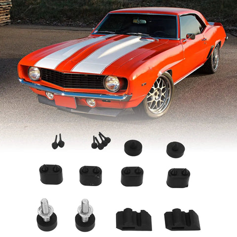 Upgrade Your 1967-1969 Camaro With This Durable Bumper Kit Featuring Heavy Duty Metal And Rubber Plugs. A Perfect Stopper Solution For Both Coupe And Convertible Models To Keep Your Ride Looking Sharp Without Worrying About Wear Or Tear In The Long Haul. classic Camaro bumper stop kit with black rubber plugs, metal screws, and mounting clips