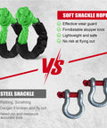 Comparison between Two Pack Green Soft Shackle With 57,000 Lbs Breaking Strength Beefy Half Inch By 22 Inch Protective Sleeve and steel shackles
