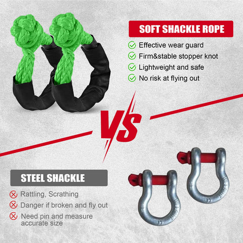 Comparison between Two Pack Green Soft Shackle With 57,000 Lbs Breaking Strength Beefy Half Inch By 22 Inch Protective Sleeve and steel shackles