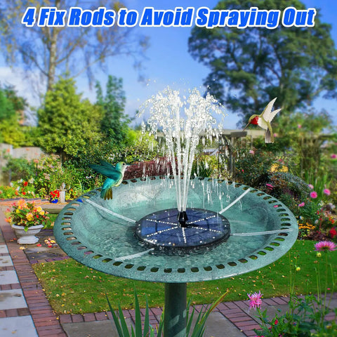 Solar Bird Bath Fountain Pump With 4000mAh Battery, 4W Solar Power, 7 Nozzles And 4 Fixers in a garden bird bath.