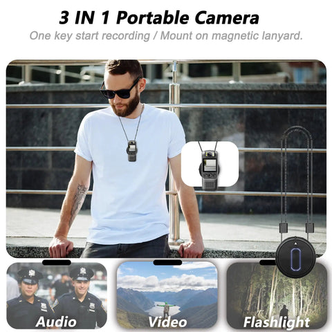 Person wearing 4K Ultra HD Body Camera With Audio And Video Recording, 128GB Mini Wearable Cam with Magnetic Lanyard outdoors