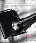 T70 Rechargeable Flashlight With 4200 Lumens, USB connected to power bank, showcasing charging indicator and durability.