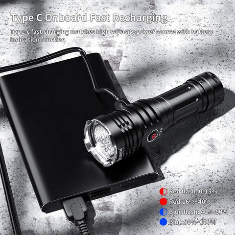 T70 Rechargeable Flashlight With 4200 Lumens, USB connected to power bank, showcasing charging indicator and durability.