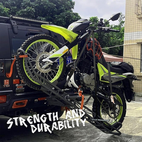 Heavy Duty 2200 Lb Ratchet Tie Down Straps 4 Pack securing a motorcycle on a truck with black 15 ft cargo straps