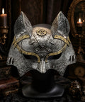 Rad Steampunk Fox Half Mask With Retro Gears And Rivets For Halloween Costume Party, showcasing detailed silver and gold design.