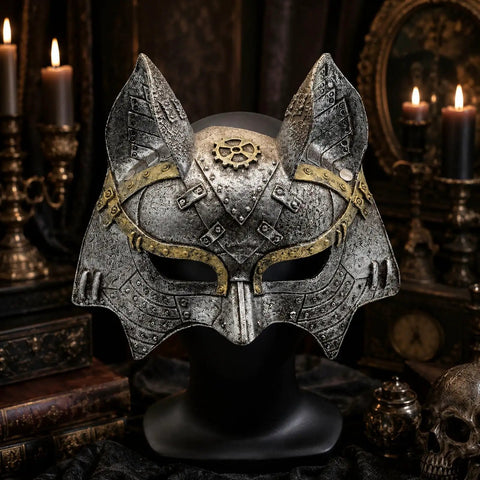 Rad Steampunk Fox Half Mask With Retro Gears And Rivets For Halloween Costume Party, showcasing detailed silver and gold design.