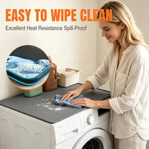 Woman cleaning Top Shelf Silicone Washer And Dryer Top Mat 26 By 18 Inch Waterproof Countertop Protector Non Slip.