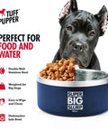 Hella Durable Double Wall Insulated Dog Bowl Made From Premium Stainless Steel Featuring A Slick Non Slip Bottom And Spill Proof Rim Design That Is Dishwasher Ready For Every Sized Pet In Cool Blue with food and water.