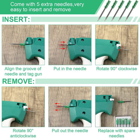 Massive 1112 Piece Garment Tag Attacher Kit With 2 Tagging Guns, showing needle insertion and removal process.