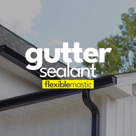 Heavy Duty Waterproof Roof Sealant For Shingles Gutters RV Roofs And Asphalt Black Bitumen Cartridge 10.5 Fl Oz Caulking Gun Ready Bonds To Brick Concrete And More With Strong Adhesion And Flex displayed on a house gutter.