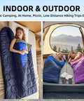 Lightweight Three Season Camping Sleeping Bag For Adults And Kids With Compression Sack displayed indoor and outdoor use