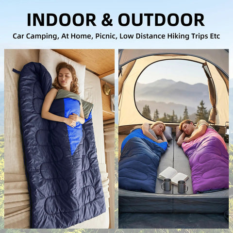 Lightweight Three Season Camping Sleeping Bag For Adults And Kids With Compression Sack displayed indoor and outdoor use
