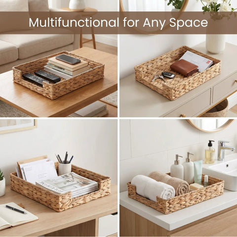 Water Hyacinth Letter Tray Desk Organizer, rustic wicker mail sorter with sturdy metal frame in various home settings.