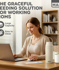 Chill Out With This Portable Breast Milk Cooler 22 Oz Includes Two Leakproof Nursing Bottles No Ice Cooling Tech Keeps Fresh For 24 Hrs Travel And Work Ready Mom Essential at a desk with a smiling mom using a laptop.