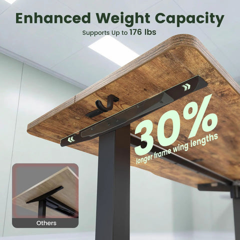 Rustic Brown 55 By 24 Inch Electric Standing Desk With Smooth Height Adjustment, side view showing reinforced steel frame.