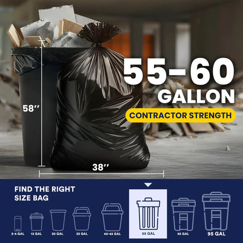Image showing 55 Gallon Heavy Duty Contractor Bags 4 Mil Puncture And Tear Resistant Trash Liners 38 X 58 Inch Built For Rough Jobs.