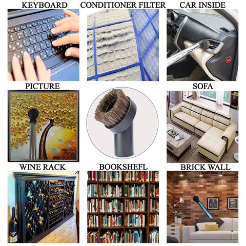 Collage showing Pet Hair Be Gone Vacuum Attachment Cleaning Tool in various cleaning scenarios including sofa, keyboard, and car inside.