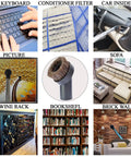 Vacuum cleaning keyboard, filter, car, upholstery, bookshelf, wine rack, and brick wall with all-purpose vacuum attachment kit.