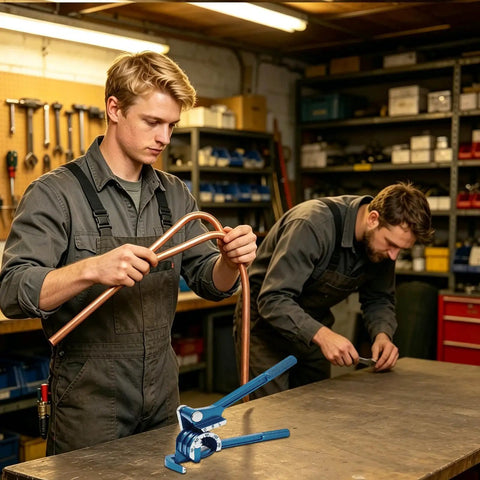 Real Deal Manual Tube Bender For Copper And Steel Pipes Ergonomic Long Handle being used to bend copper pipe indoors.