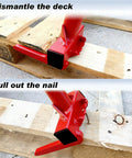 Pallet Buster With Nail Puller Deck Wrecker Pry Bar Heavy Duty Multi Tool For Demolition Nail Extraction Pallet Repair Crowbar Style Pry Tool For Pros And Diy Home Improvement. Red steel tool dismantling pallet boards and pulling nails.