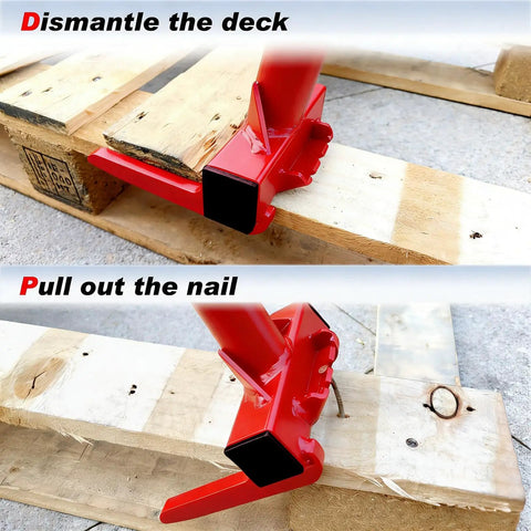 Pallet Buster With Nail Puller Deck Wrecker Pry Bar Heavy Duty Multi Tool For Demolition Nail Extraction Pallet Repair Crowbar Style Pry Tool For Pros And Diy Home Improvement. Red steel tool dismantling pallet boards and pulling nails.