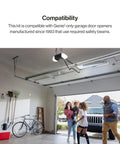Open garage with installed Safe T Beam Replacement Kit for Garage Doors with UL Solutions Certified Safety Beams, family walking near.