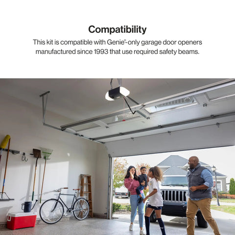 Open garage with installed Safe T Beam Replacement Kit for Garage Doors with UL Solutions Certified Safety Beams, family walking near.
