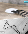 25 Pack 2 Inch Desk Grommets For Dial In Cable Management sturdy plastic cord hole covers in use managing cords on a desk.