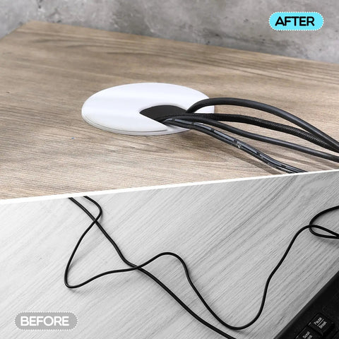 25 Pack 2 Inch Desk Grommets For Dial In Cable Management sturdy plastic cord hole covers in use managing cords on a desk.