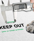Caliper measuring fiberglass window screen mesh, text 'Keep Out', cat paw, product is Fiberglass Window Screen Mesh Replacement Roll 39 Inch By 32 Point Eight Feet Gray No Fuss Easy To Install And Cut Durable Flexible DIY Window Screen That Keeps Bugs Out And Lets Fresh Air In