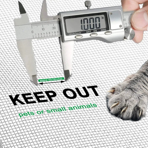 Caliper measuring fiberglass window screen mesh, text 'Keep Out', cat paw, product is Fiberglass Window Screen Mesh Replacement Roll 39 Inch By 32 Point Eight Feet Gray No Fuss Easy To Install And Cut Durable Flexible DIY Window Screen That Keeps Bugs Out And Lets Fresh Air In