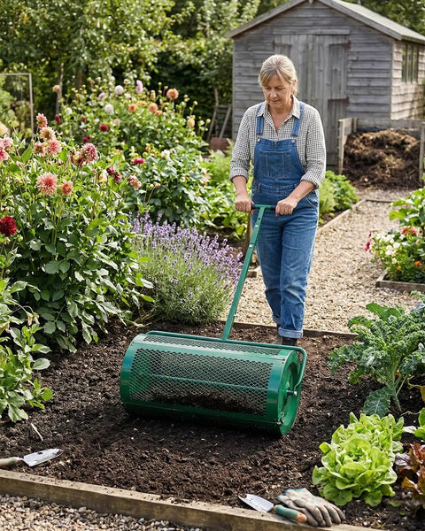 Gardener using Heavy Duty 30 Inch Compost And Peat Moss Spreader With Push Or Tow Handle Adjustable Height Powder Coated Steel Basket 3.4 Cu Ft Capacity For Spreading Manure Mulch Topsoil Seed Fertilizer in garden.