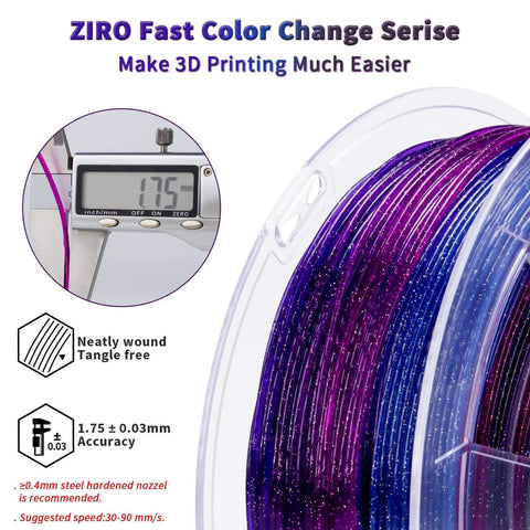 Fast Color Changing Twinkling Glitter PLA Filament 1.75mm 1kg Spool With Colorful Translucent Galaxy Look showing precision measurement and packaging