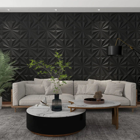 Living room with modern sofa and black Dope 3D Star Textured PVC Wall Panels White Decor Tiles Pack of 12, 19.7 x 19.7 Inches Each, Easy Install