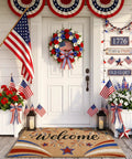 Patriotic 4th Of July Door Mat With Red White Blue Fireworks Design Welcome Mat With Heavy Duty Backing Faux Coco Coir Doormat