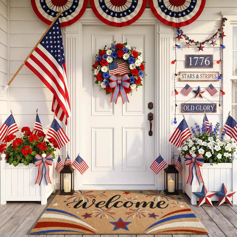 Patriotic 4th Of July Door Mat With Red White Blue Fireworks Design Welcome Mat With Heavy Duty Backing Faux Coco Coir Doormat