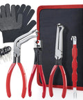 7 Piece Electrical Disconnect Pliers Set With Terminal Pin Removal Tool Kit, Black Gloves, red handles in case