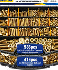 Heavy Duty Grade 8 Zinc Yellow Coated Bolts And Nuts Assortment Kit With Case For Auto Repair And DIY Projects One Quarter Twenty Five Sixteenths Eighteen Three Eighths Sixteen One Half Thirteen Hex Bolts Nuts And Washers Set For Garage Or Shop Use, open case with 533-piece SAE sizes