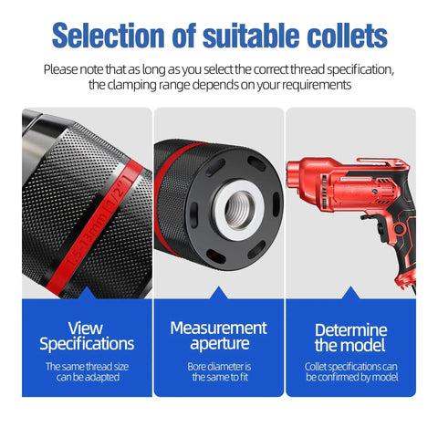 Selection of collets for Self Tightening Keyless Drill Chuck 1/2 Inch 20UNF Quick Change For Milwaukee M18 Drills and Impact Drivers.