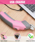 Workpro 4V Cordless Electric Scissors With Rechargeable Power Shears For Effortless Cutting Plastic And Cardboard Fast Speed Up To Ten Thousand RPM Includes Two Durable Blades Lightweight Design Ideal For Crafters And DIY Projects Quick Charging Battery, showcasing USB charging port.