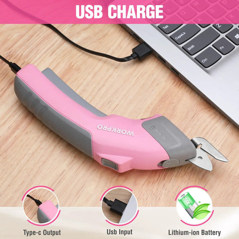 Workpro 4V Cordless Electric Scissors With Rechargeable Power Shears For Effortless Cutting Plastic And Cardboard Fast Speed Up To Ten Thousand RPM Includes Two Durable Blades Lightweight Design Ideal For Crafters And DIY Projects Quick Charging Battery, showcasing USB charging port.