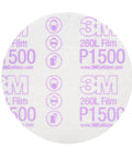 Hookit Finishing Film Abrasive Disc 260L P1500, 5-Inch Aluminum Oxide Auto Body Sanding disc with 3M logo and safety icons visible.