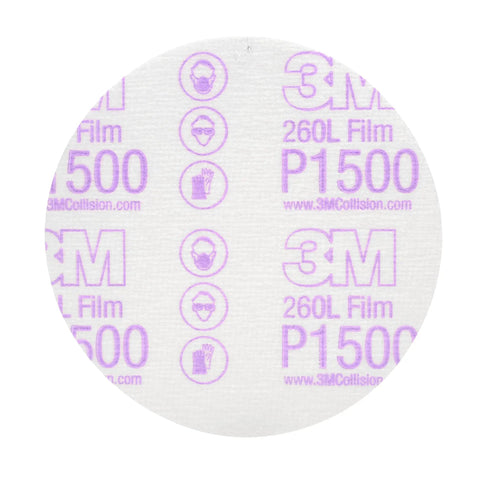 Hookit Finishing Film Abrasive Disc 260L P1500, 5-Inch Aluminum Oxide Auto Body Sanding disc with 3M logo and safety icons visible.